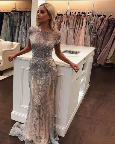 Luxury Rhinestones Nude Mermaid  Long Evening Pageant Dress