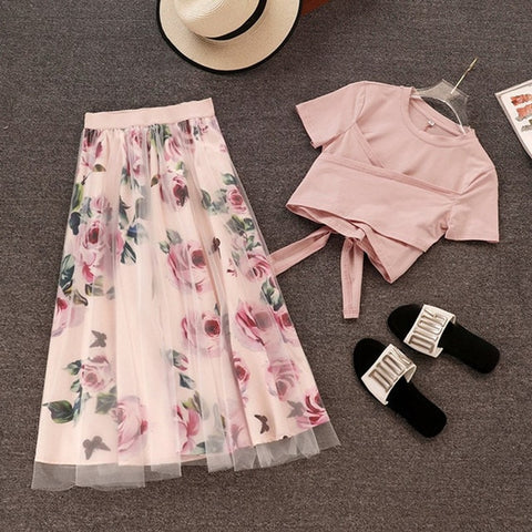 2 Piece Set Sweet Cross Bowknot Irregular T Shirt + Vintage Floral Mesh Long Skirt