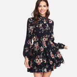 Floral Elegant Long Sleeve High Waist Dress