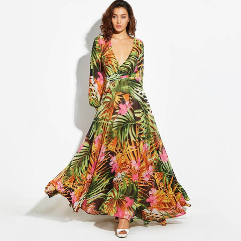 Long Sleeve Tropical Print Maxi Dress