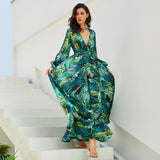 Long Sleeve Tropical Print Maxi Dress