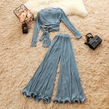 Long Sleeve Lace-Up Shirts & Chiffon Flare Trousers