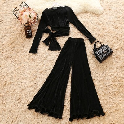 Long Sleeve Lace-Up Shirts & Chiffon Flare Trousers