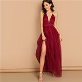 Burgundy Plunging Neck Crisscross Back Cami Dress