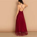 Burgundy Plunging Neck Crisscross Back Cami Dress