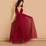 Burgundy Plunging Neck Crisscross Back Cami Dress