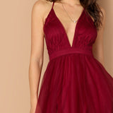 Burgundy Plunging Neck Crisscross Back Cami Dress