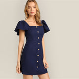 Navy Single Breasted Flutter Sleeve Short Dress