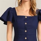 Navy Single Breasted Flutter Sleeve Short Dress