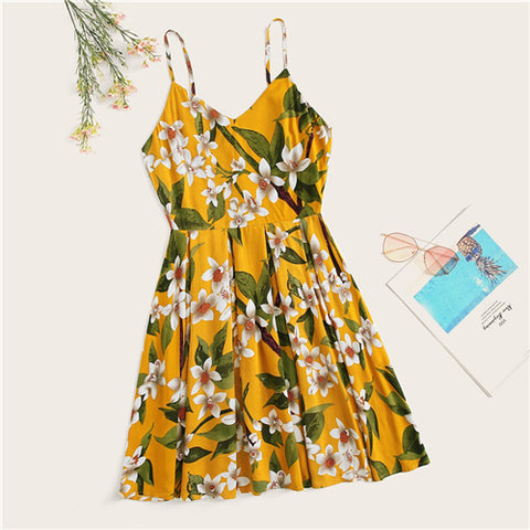 Boho Yellow Botanical Print Mini Dress