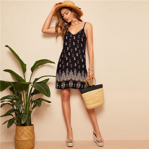 Black Sexy Tribal Print Cami Summer Dress