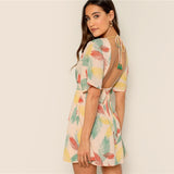 Neck Tied Open Back Tropical Dress