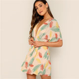 Neck Tied Open Back Tropical Dress