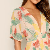 Neck Tied Open Back Tropical Dress