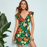 Tied Backless Tropical Print Summer Mini Dress