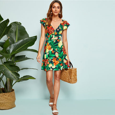 Tied Backless Tropical Print Summer Mini Dress