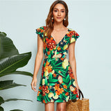 Tied Backless Tropical Print Summer Mini Dress