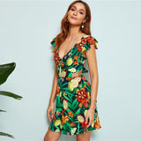 Tied Backless Tropical Print Summer Mini Dress