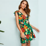 Tied Backless Tropical Print Summer Mini Dress