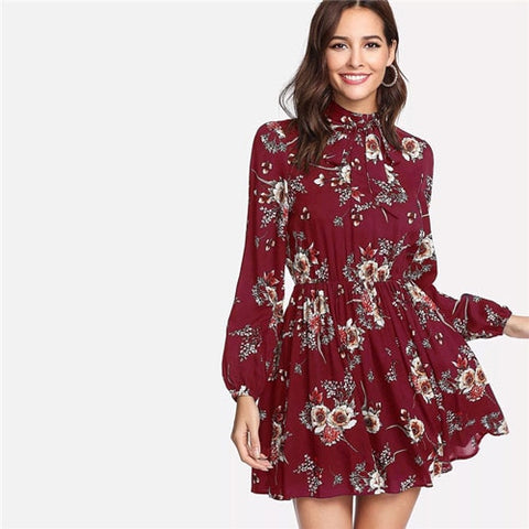 Floral Elegant Long Sleeve High Waist Dress