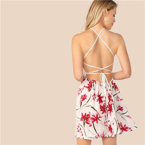 Crisscross Knot Backless Floral Summer Dress